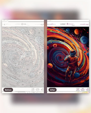 Lost in a Galaxy paint by numbers kit, before and after