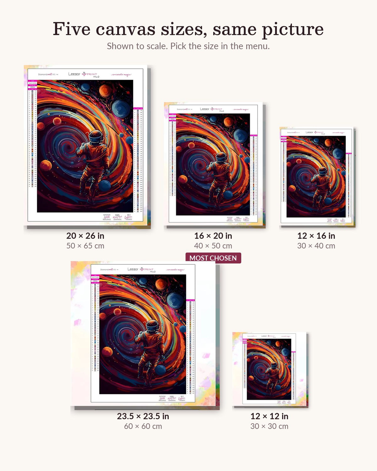 Lost in a Galaxy canvas sizes from 12 x 12 to 23.5 x 23.5 inches