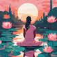 Lotus Meditation paint by numbers kit, woman in meditation pose surrounded by pink lotus flowers