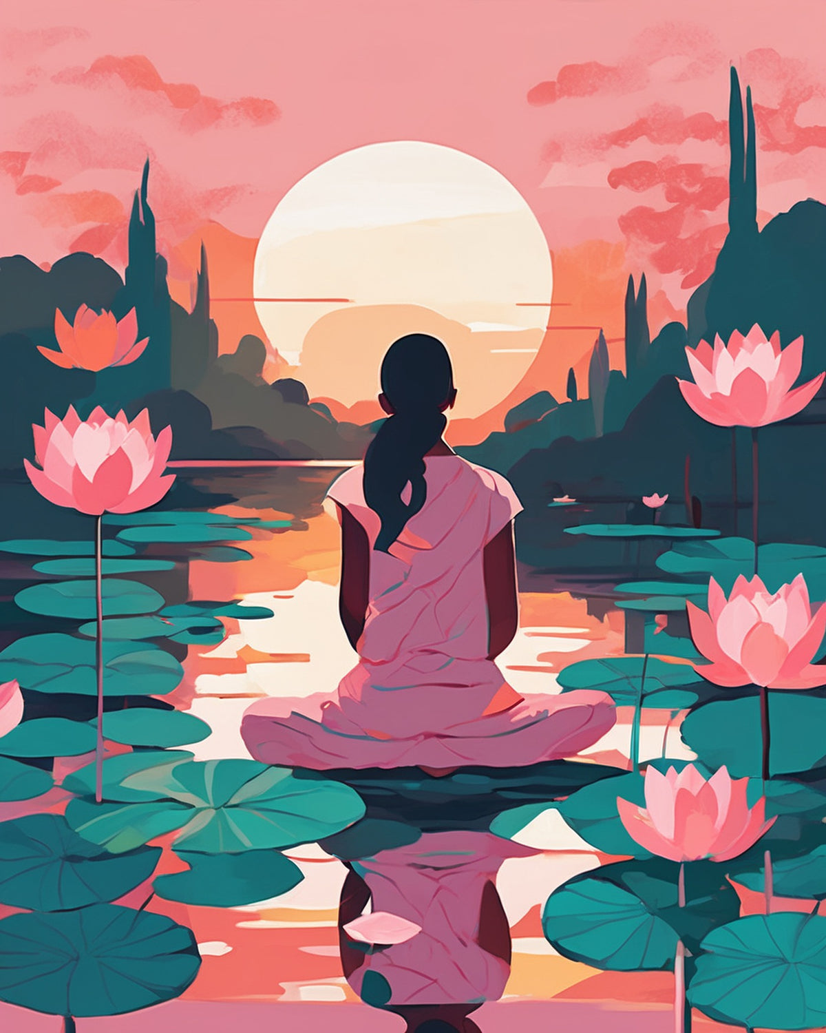 Lotus Meditation paint by numbers kit, woman in meditation pose surrounded by pink lotus flowers