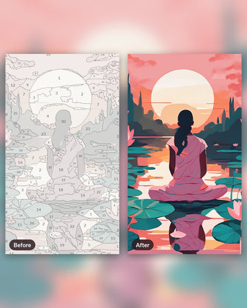 Lotus Meditation paint by numbers kit, before and after