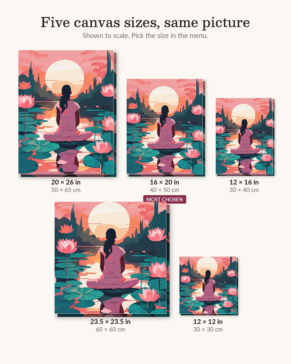 Lotus Meditation canvas sizes from 12 x 12 to 23.5 x 23.5 inches