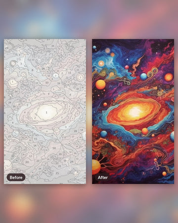 Luminous Cosmic Wash paint by numbers kit, before and after