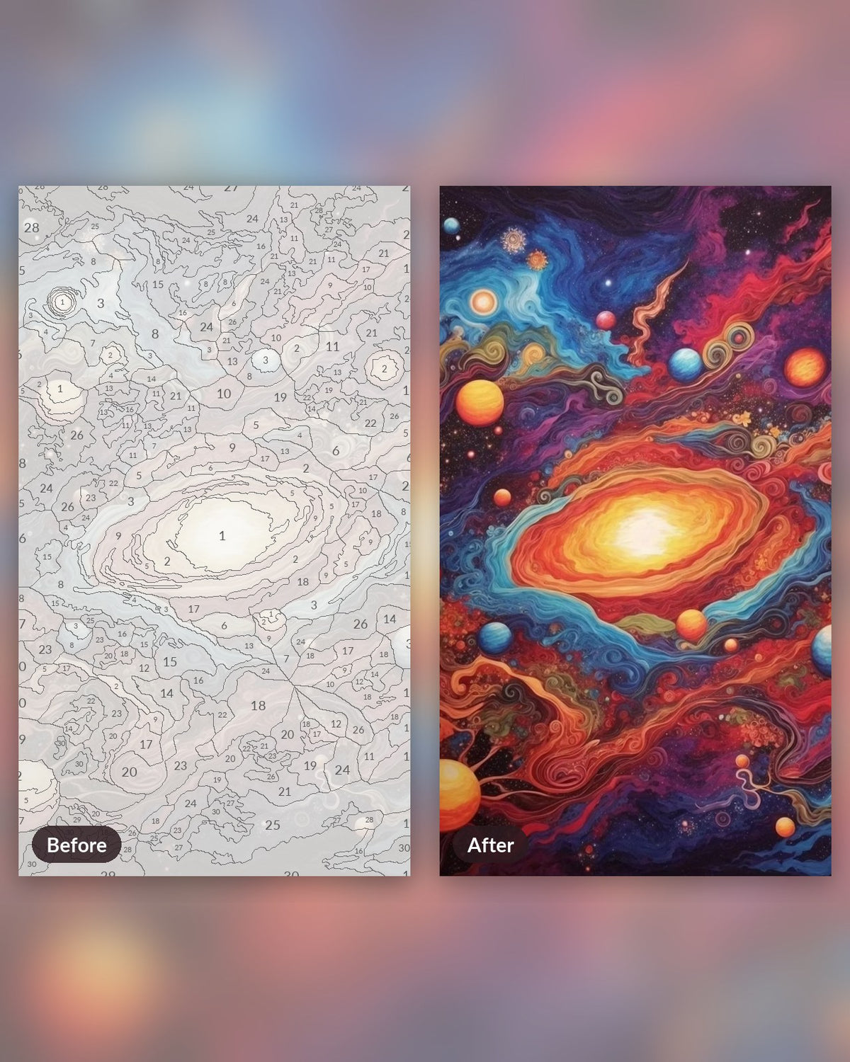 Luminous Cosmic Wash paint by numbers kit, before and after