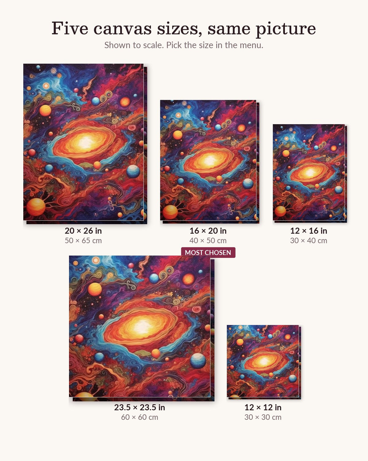 Luminous Cosmic Wash canvas sizes from 12 x 12 to 23.5 x 23.5 inches