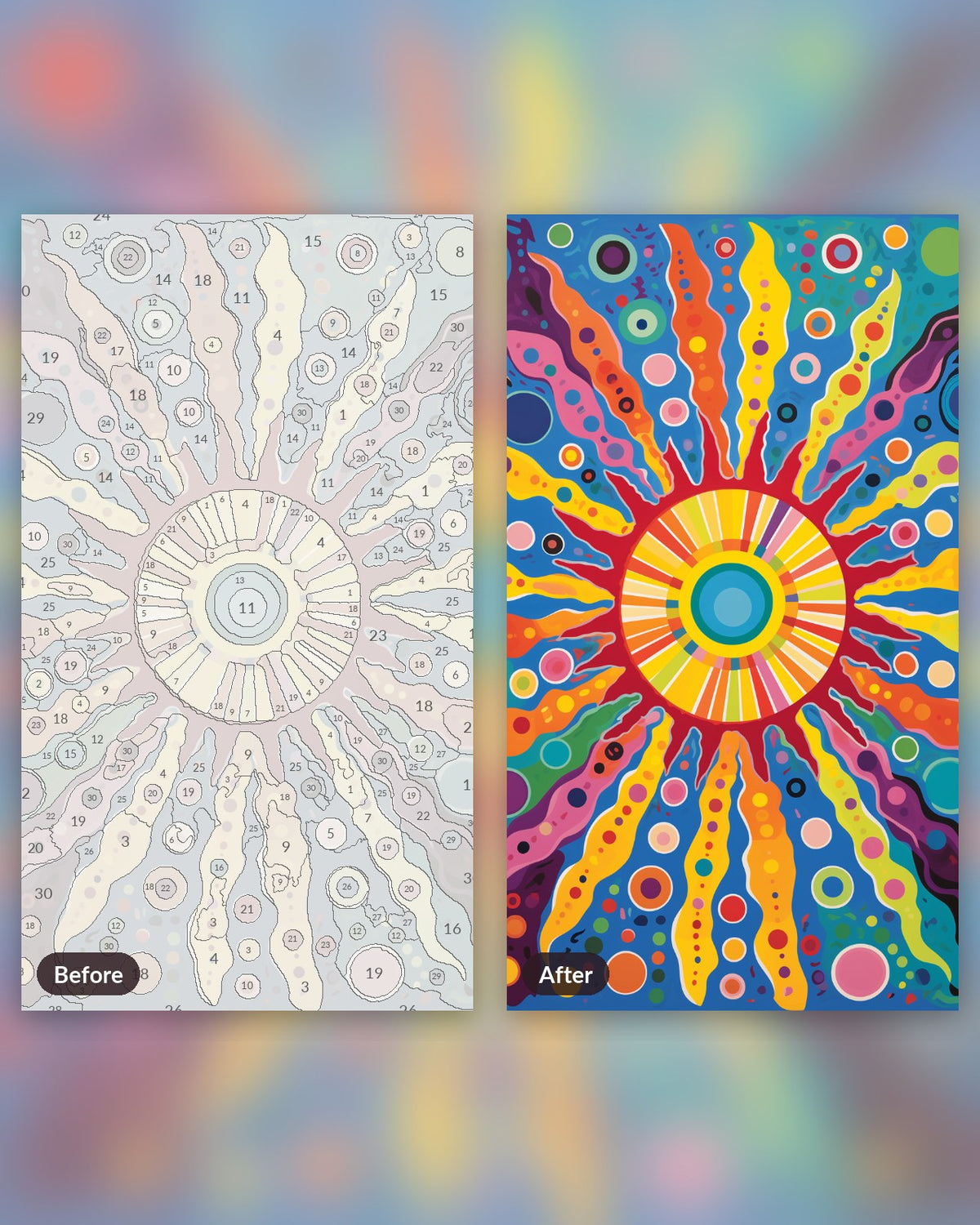 Luminous Sun paint by numbers kit, before and after