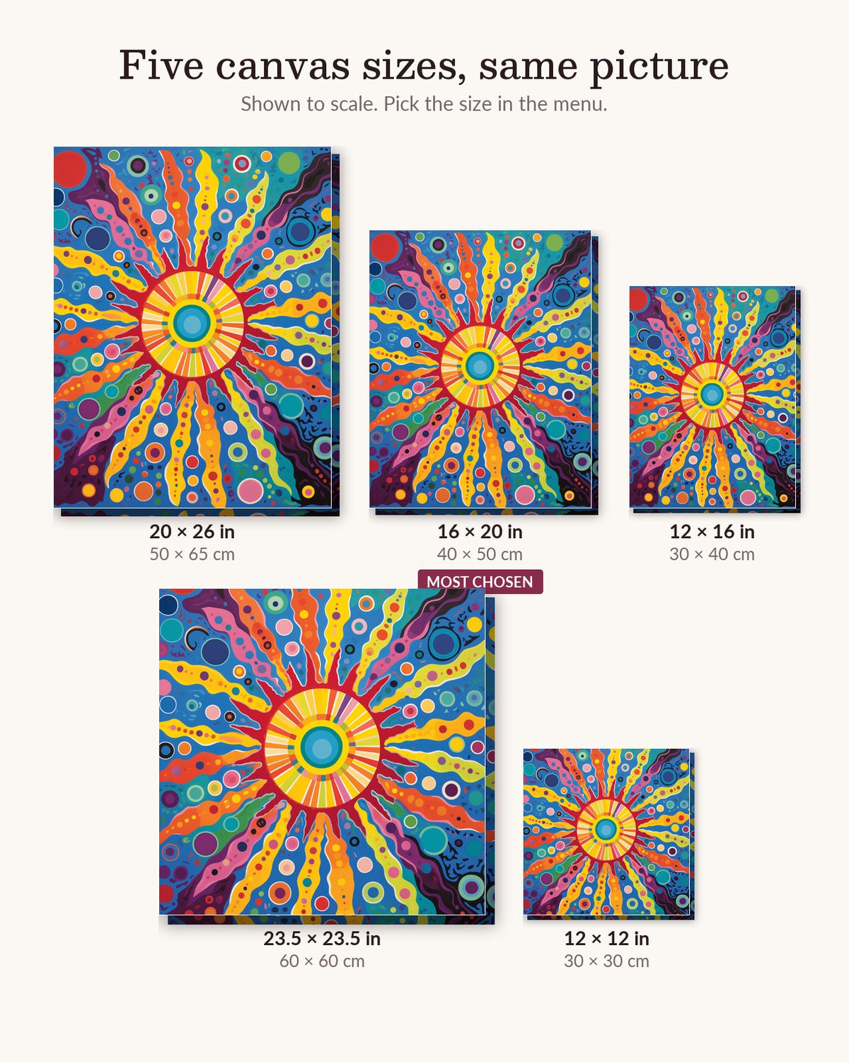 Luminous Sun canvas sizes from 12 x 12 to 23.5 x 23.5 inches