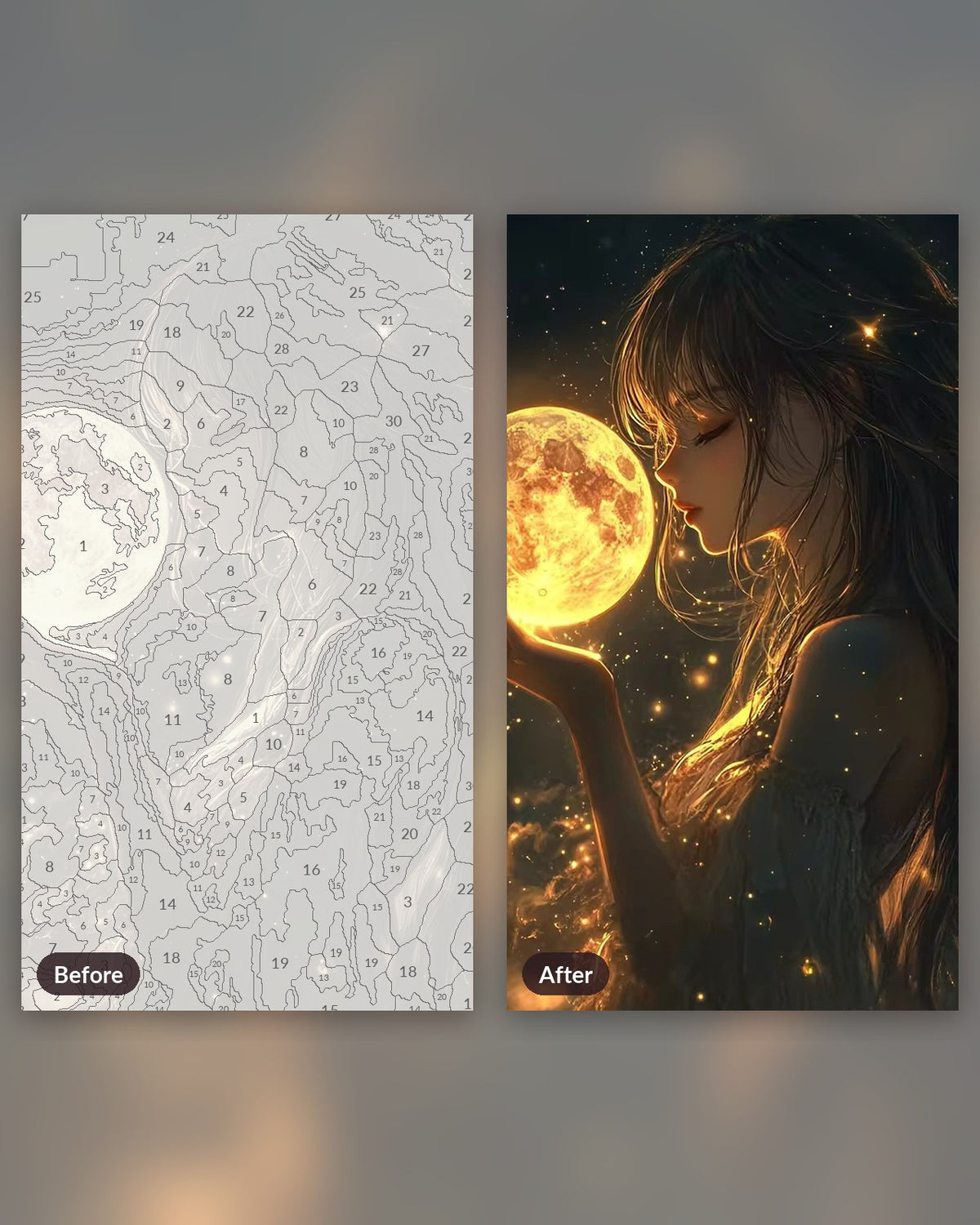 Lunar Princess paint by numbers kit, before and after