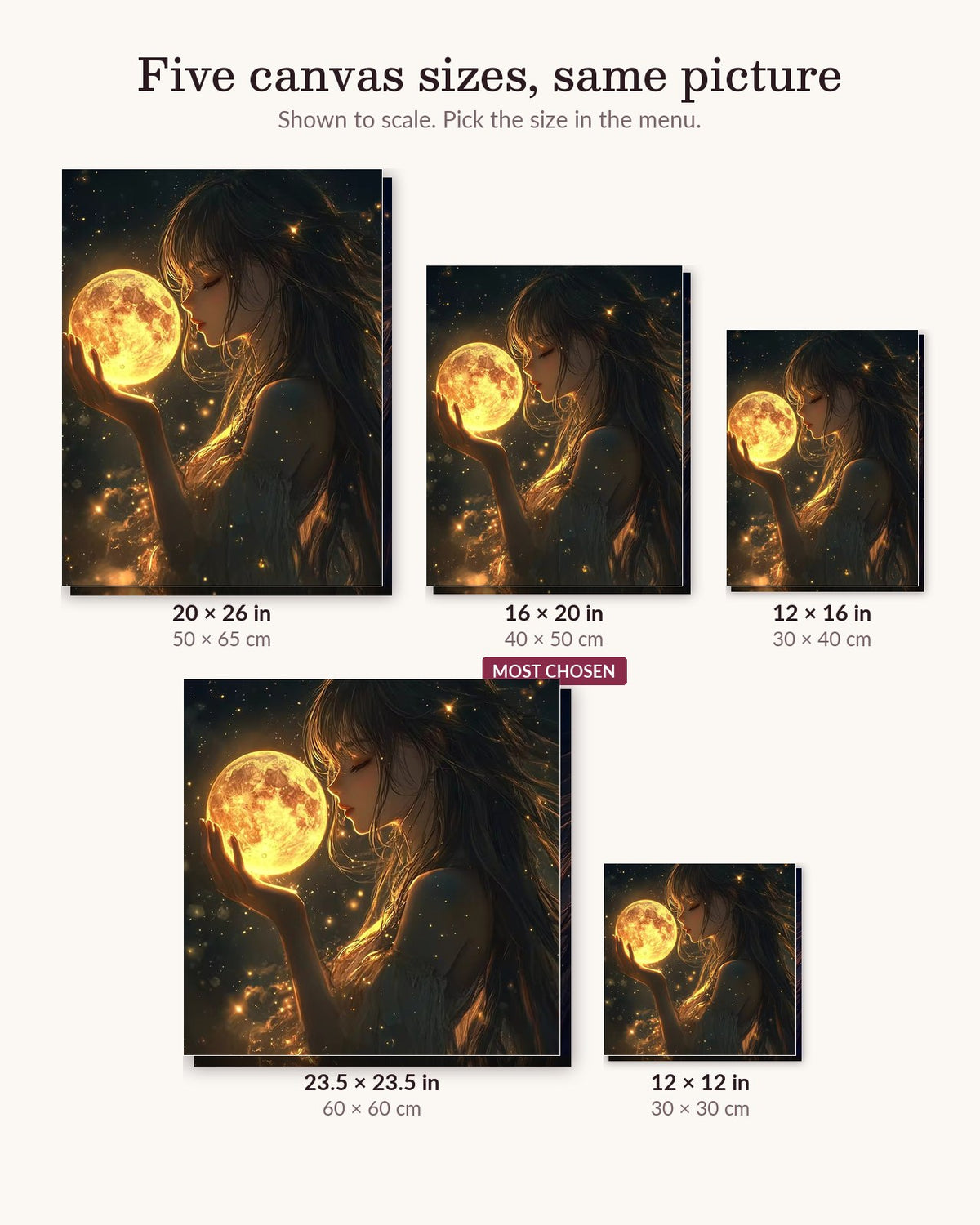 Lunar Princess canvas sizes from 12 x 12 to 23.5 x 23.5 inches