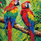 two scarlet macaws perched on a branch in a green rainforest, paint by numbers kit