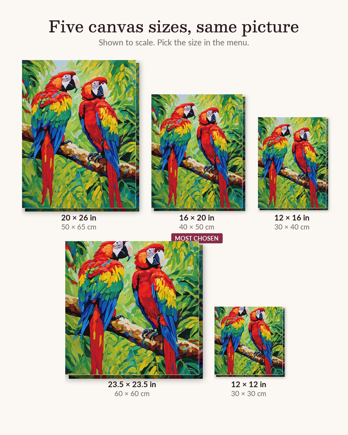Macaws in the Rainforest canvas sizes from 12 x 12 to 23.5 x 23.5 inches