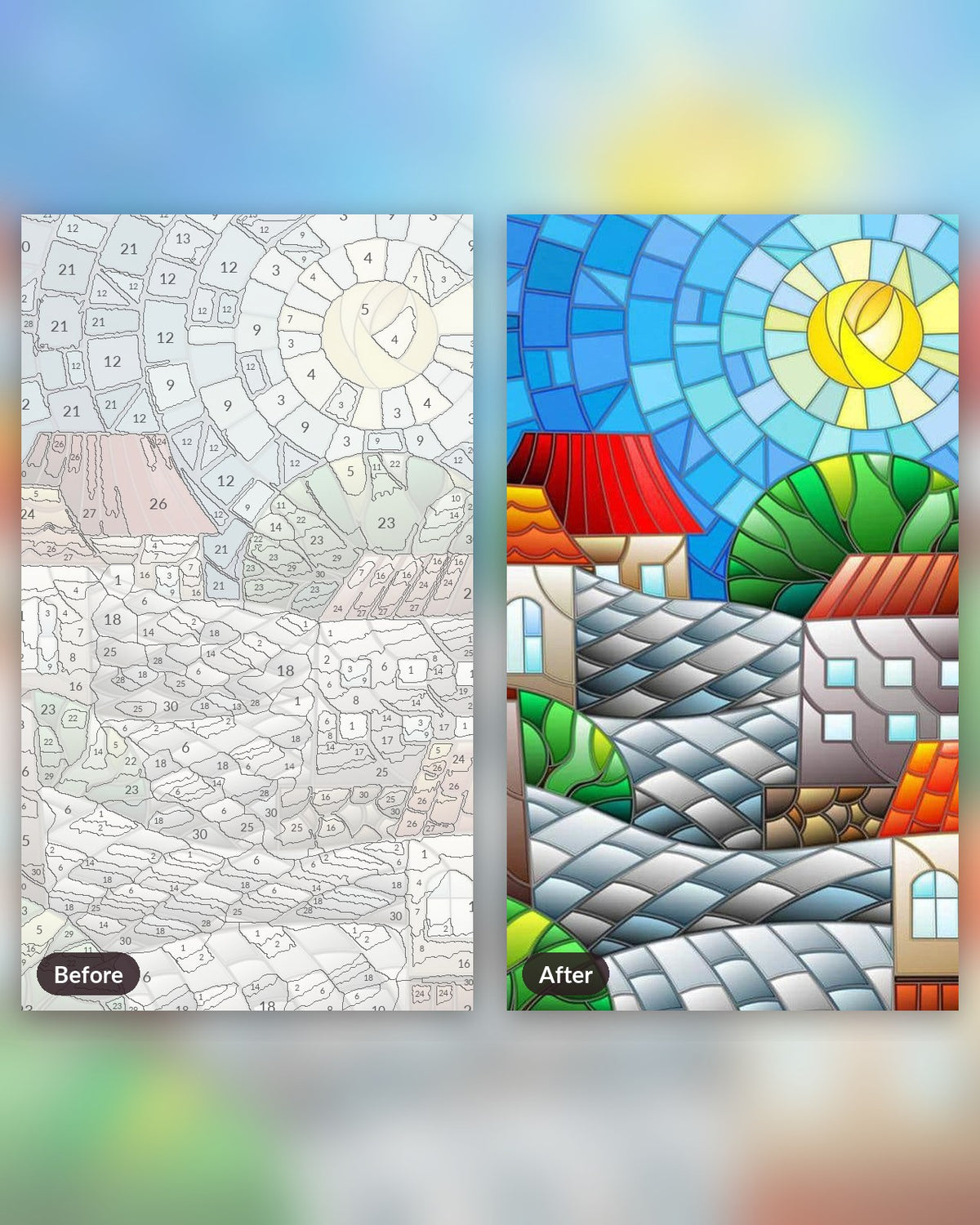 Fairytale Town paint by numbers kit, before and after