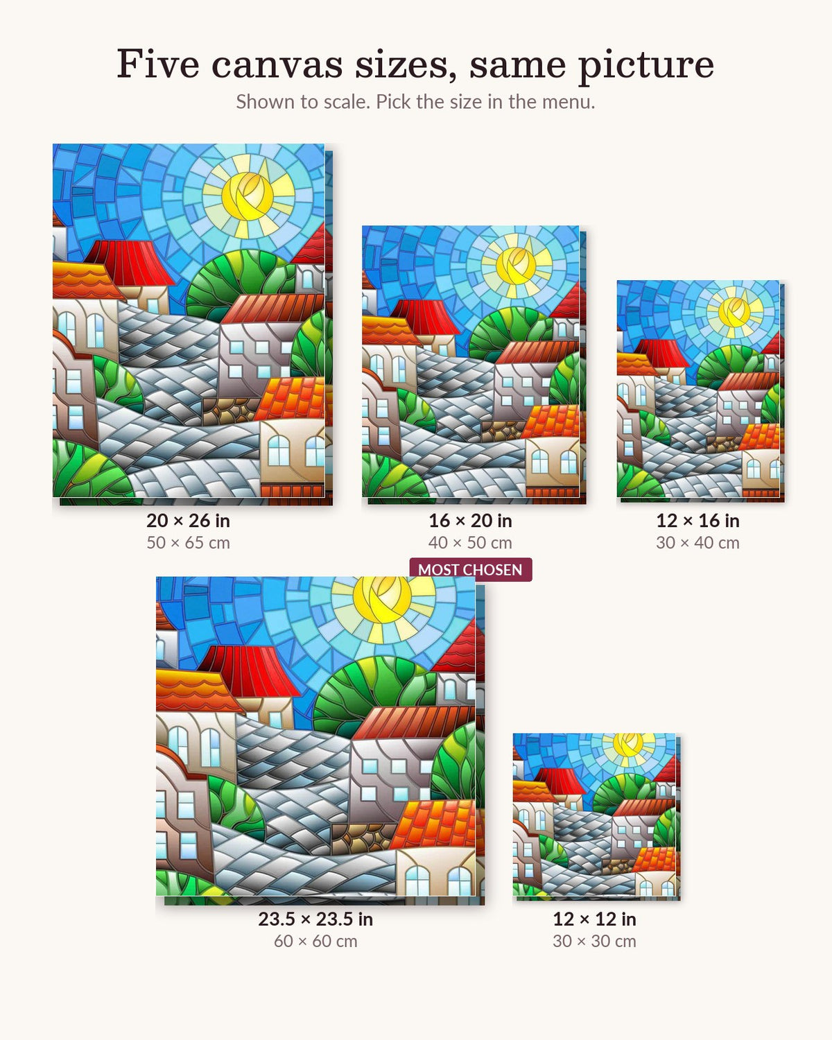 Fairytale Town canvas sizes from 12 x 12 to 23.5 x 23.5 inches