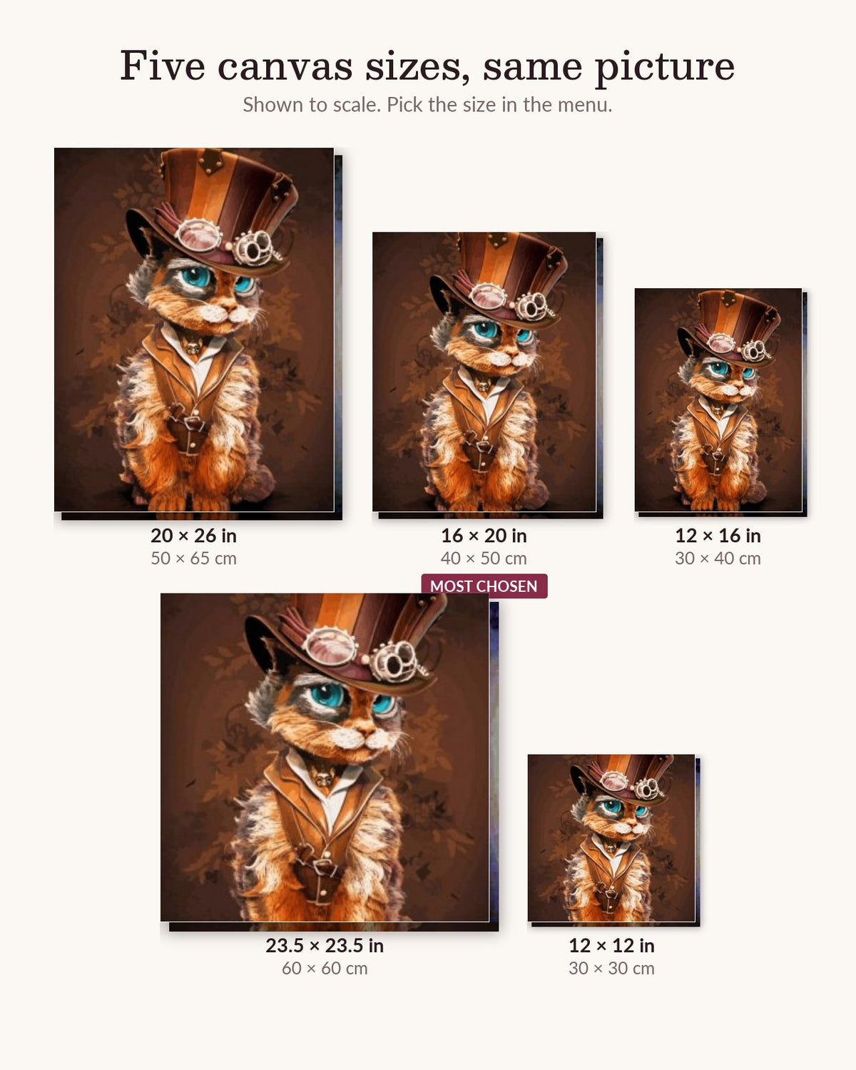 Magical Cat canvas sizes from 12 x 12 to 23.5 x 23.5 inches