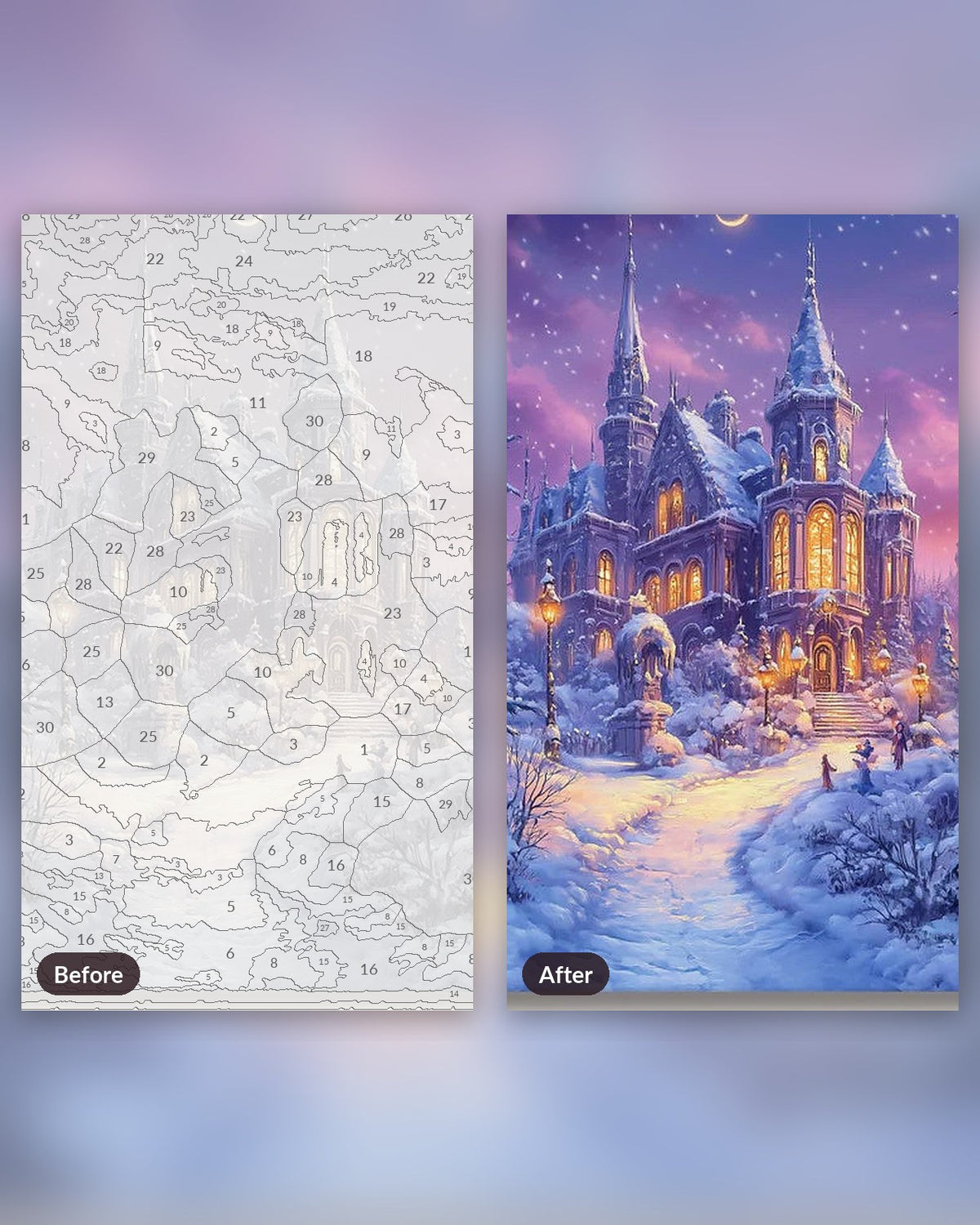 Magical Winter Castle paint by numbers kit, before and after