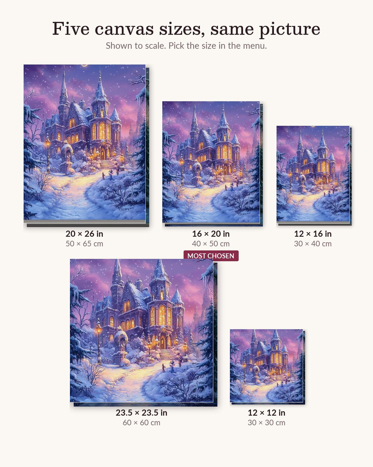 Magical Winter Castle canvas sizes from 12 x 12 to 23.5 x 23.5 inches