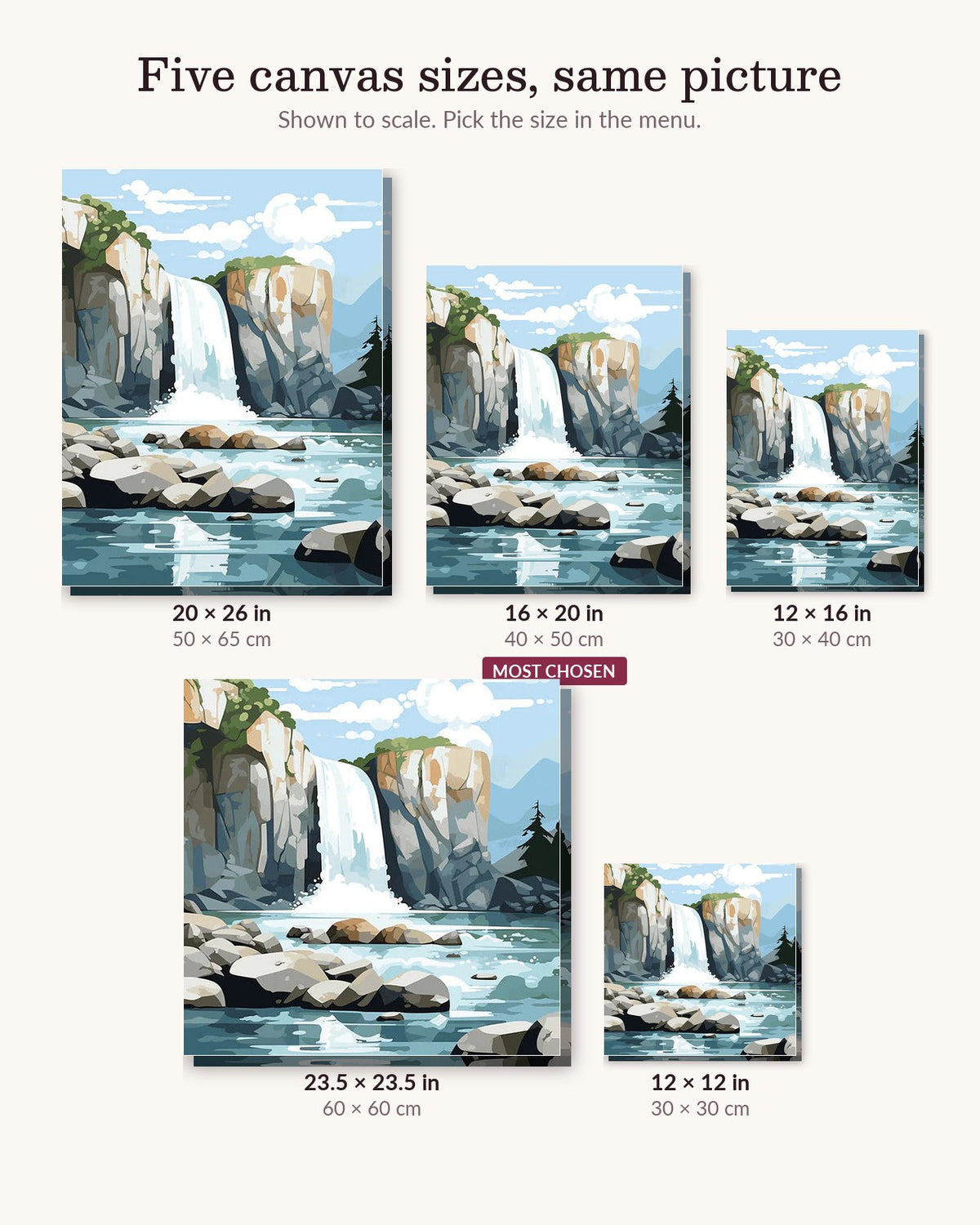 Magnificent Fall canvas sizes from 12 x 12 to 23.5 x 23.5 inches