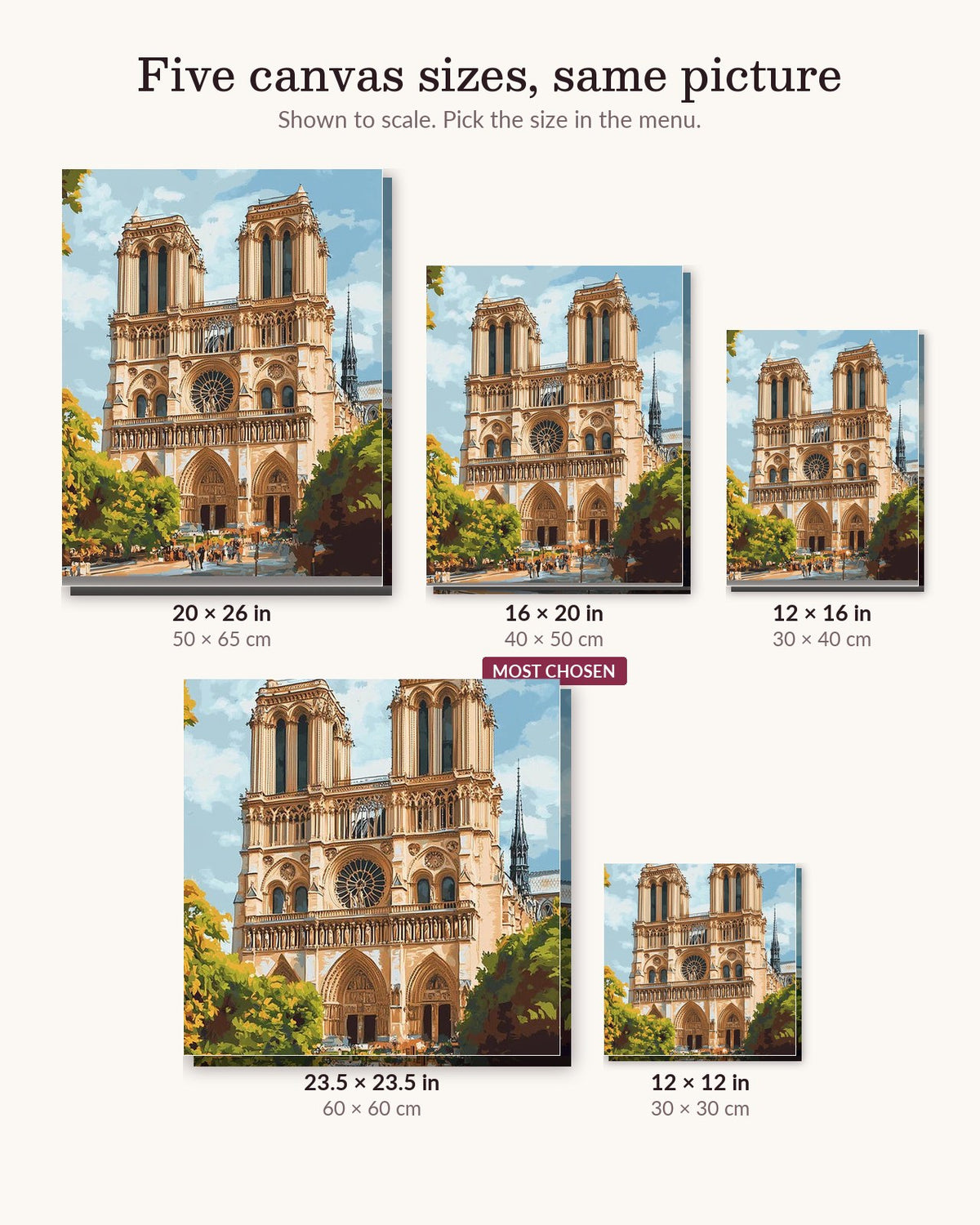 Magnificent Notre Dame canvas sizes from 12 x 12 to 23.5 x 23.5 inches