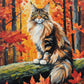 maine coon cat sitting on a mossy log in an autumn forest with red and orange leaves, paint by numbers kit