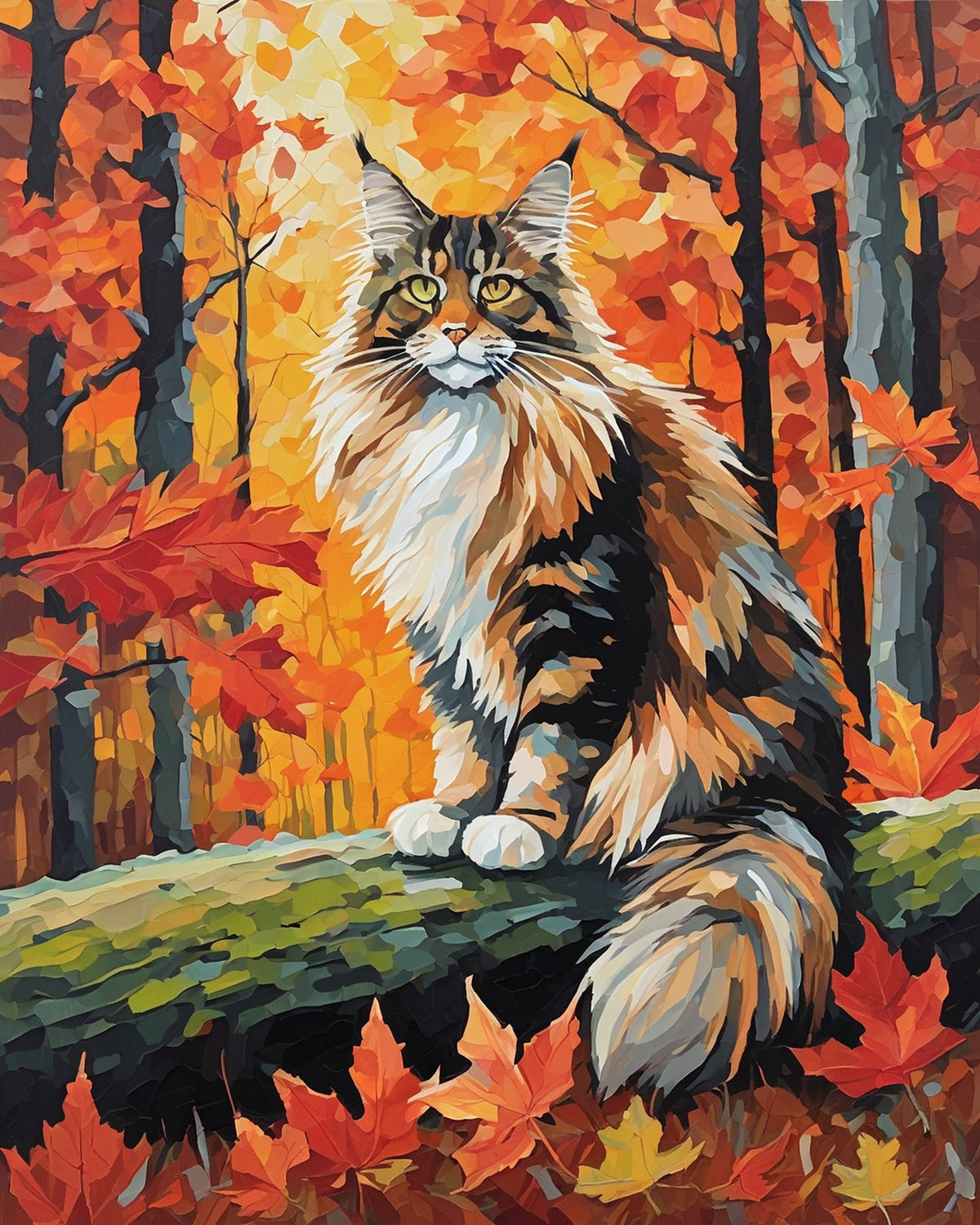 maine coon cat sitting on a mossy log in an autumn forest with red and orange leaves, paint by numbers kit