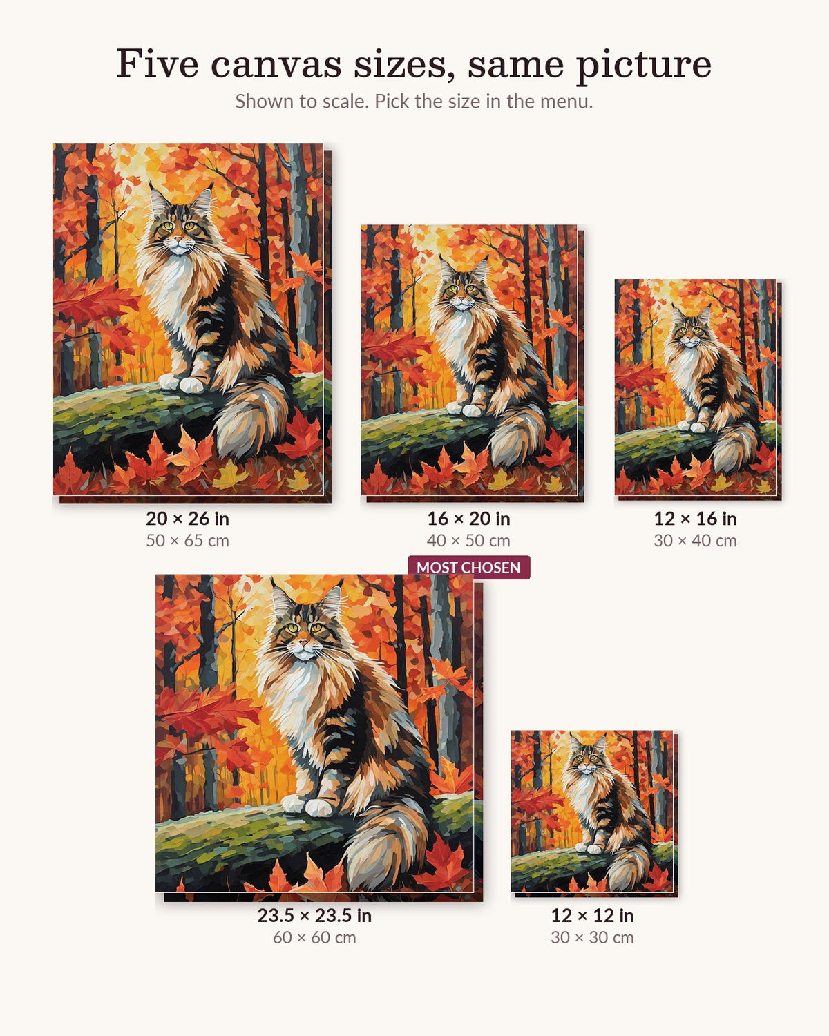Maine Coon in the Autumn Forest canvas sizes from 12 x 12 to 23.5 x 23.5 inches