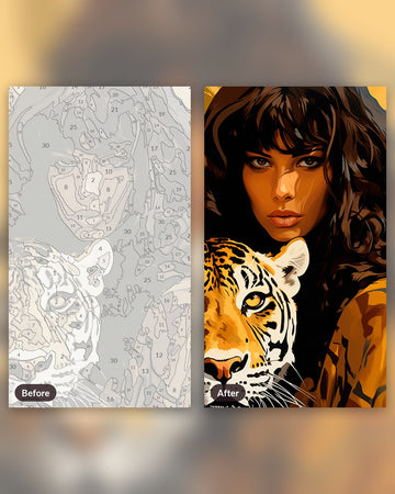 Majestic Tigress paint by numbers kit, before and after