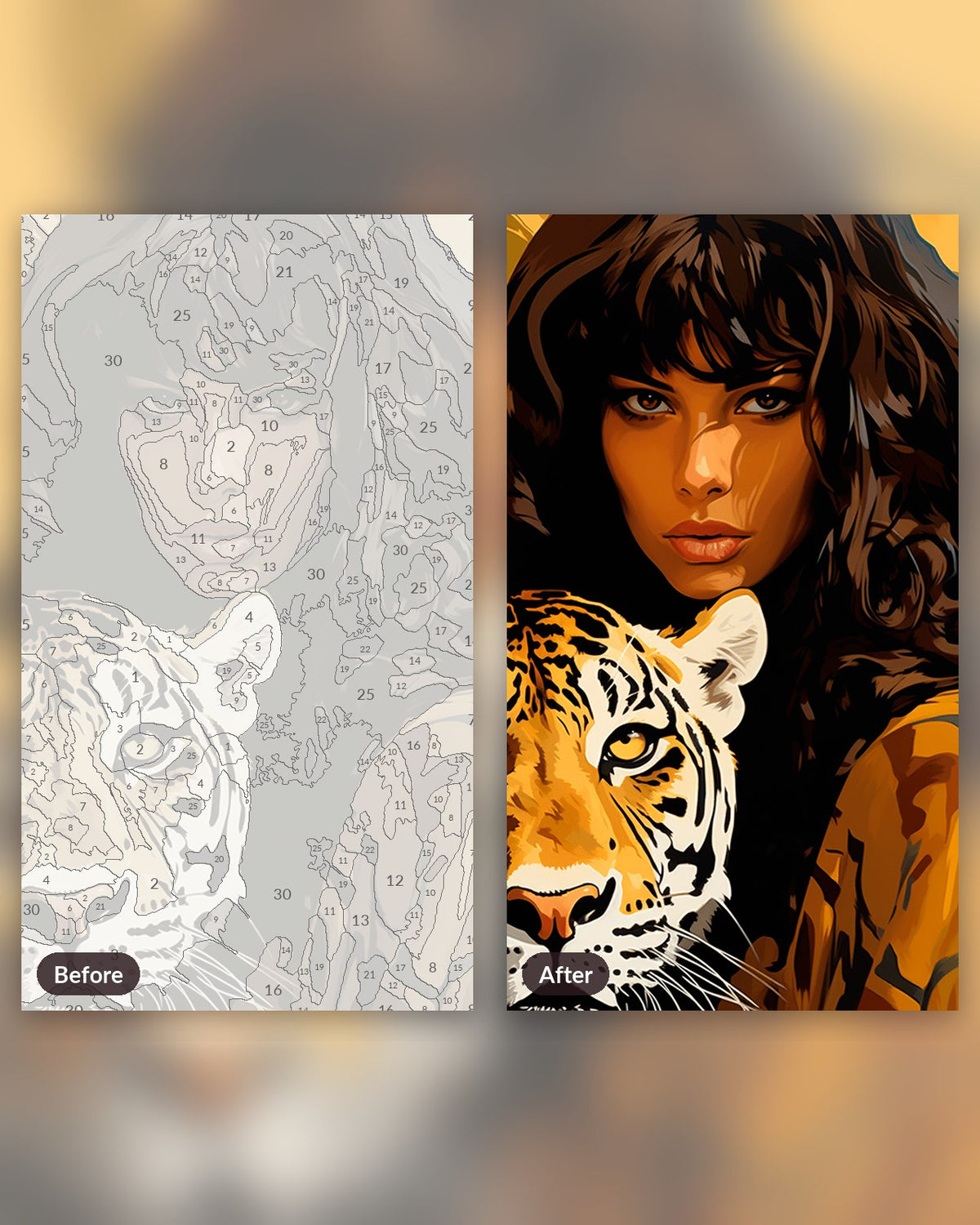 Majestic Tigress paint by numbers kit, before and after