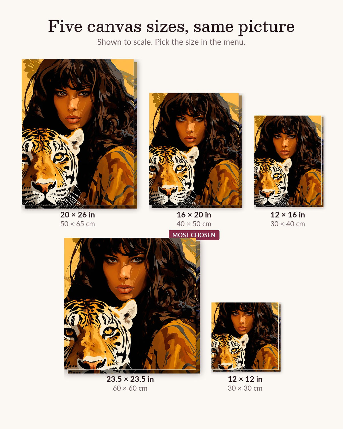 Majestic Tigress canvas sizes from 12 x 12 to 23.5 x 23.5 inches