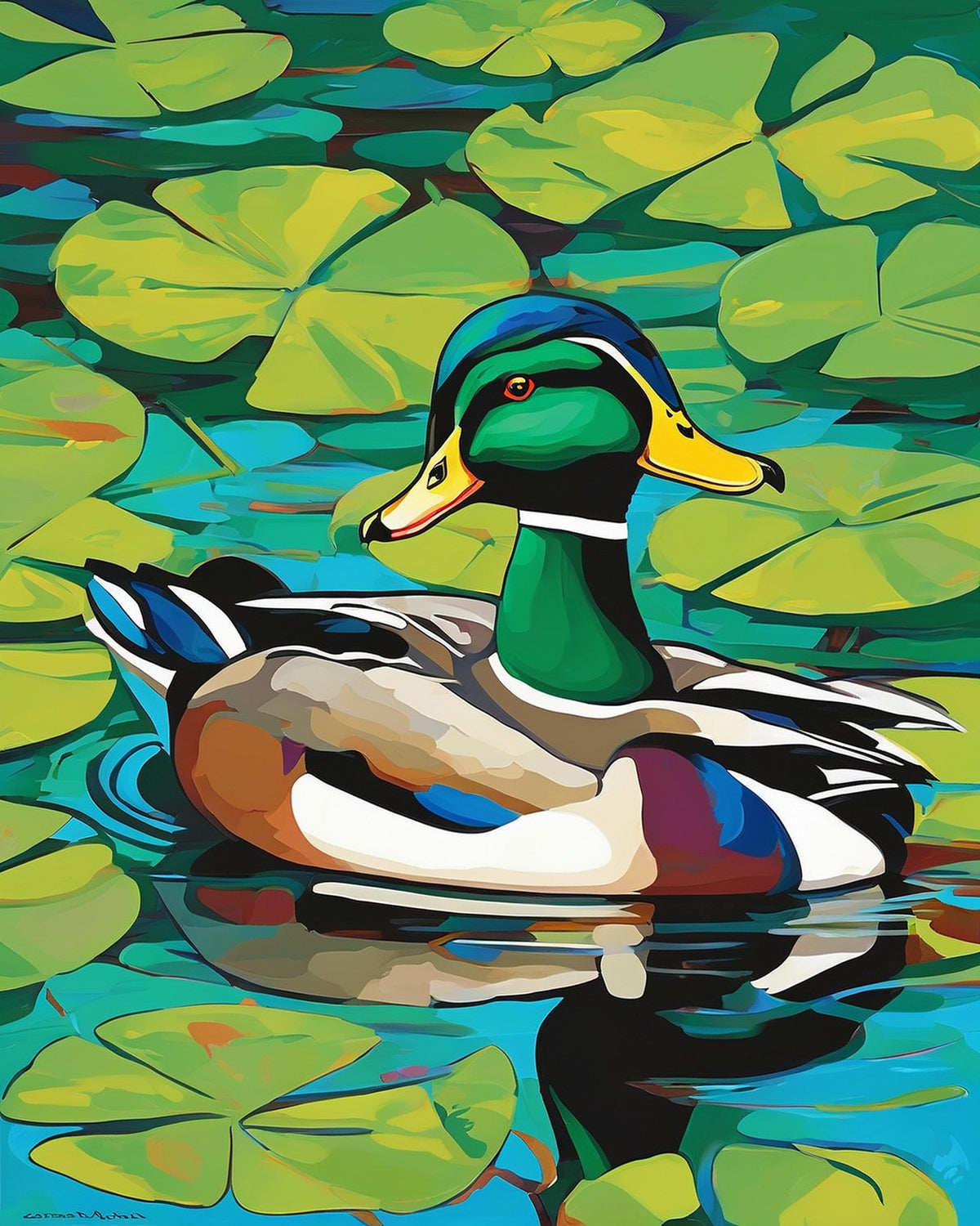 Mallard on the Lily Pond paint by numbers kit, mallard duck swimming on a pond with water lilies