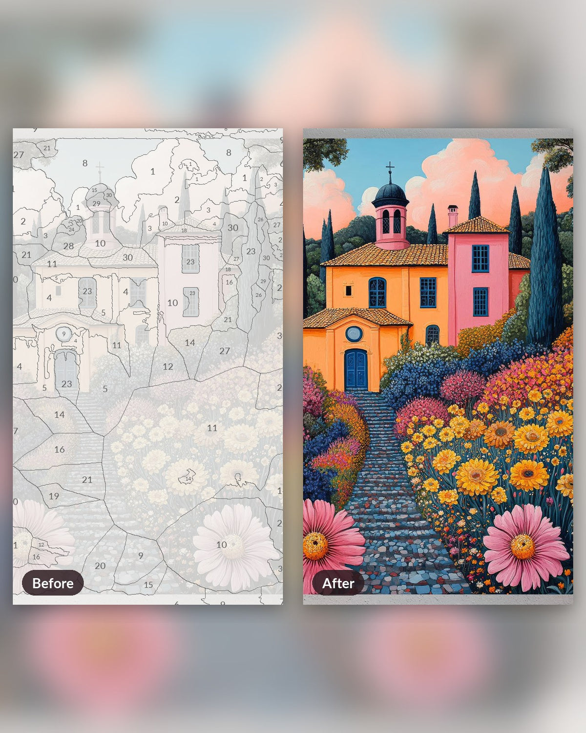 Château in Provence paint by numbers kit, before and after