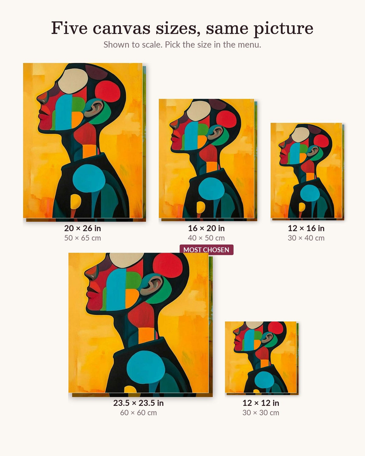 Man's Head canvas sizes from 12 x 12 to 23.5 x 23.5 inches