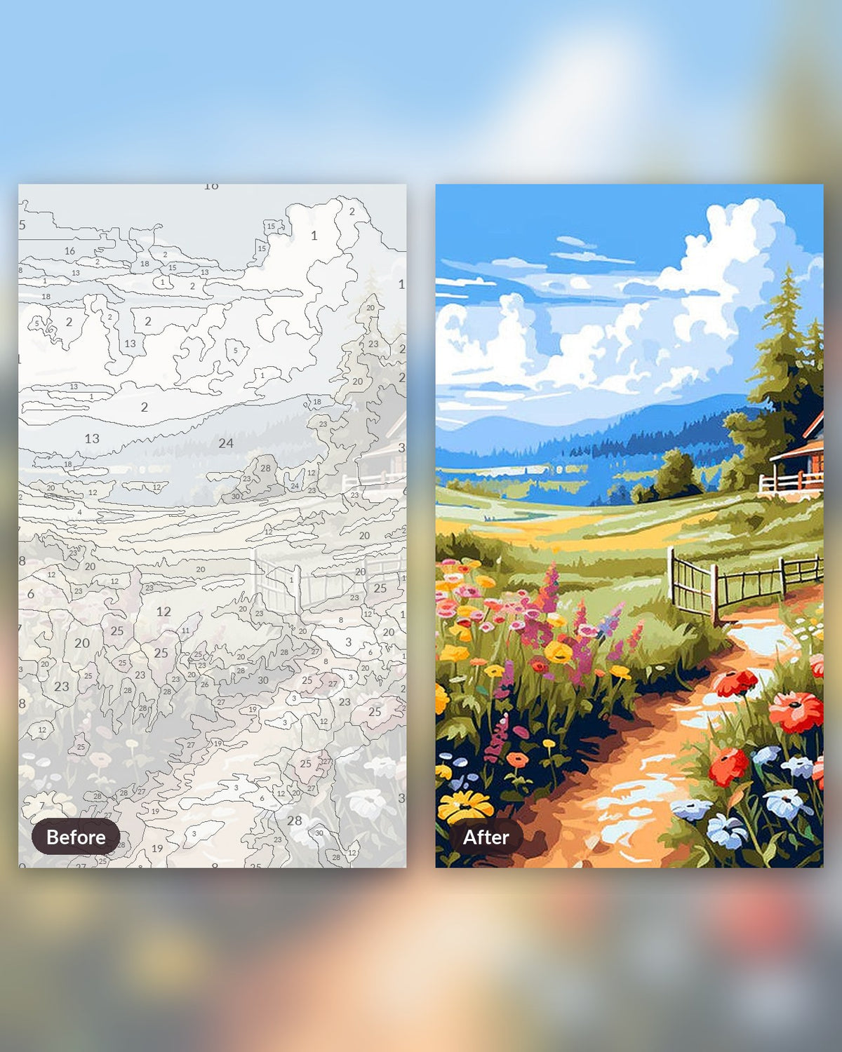 Meadow's Embrace paint by numbers kit, before and after