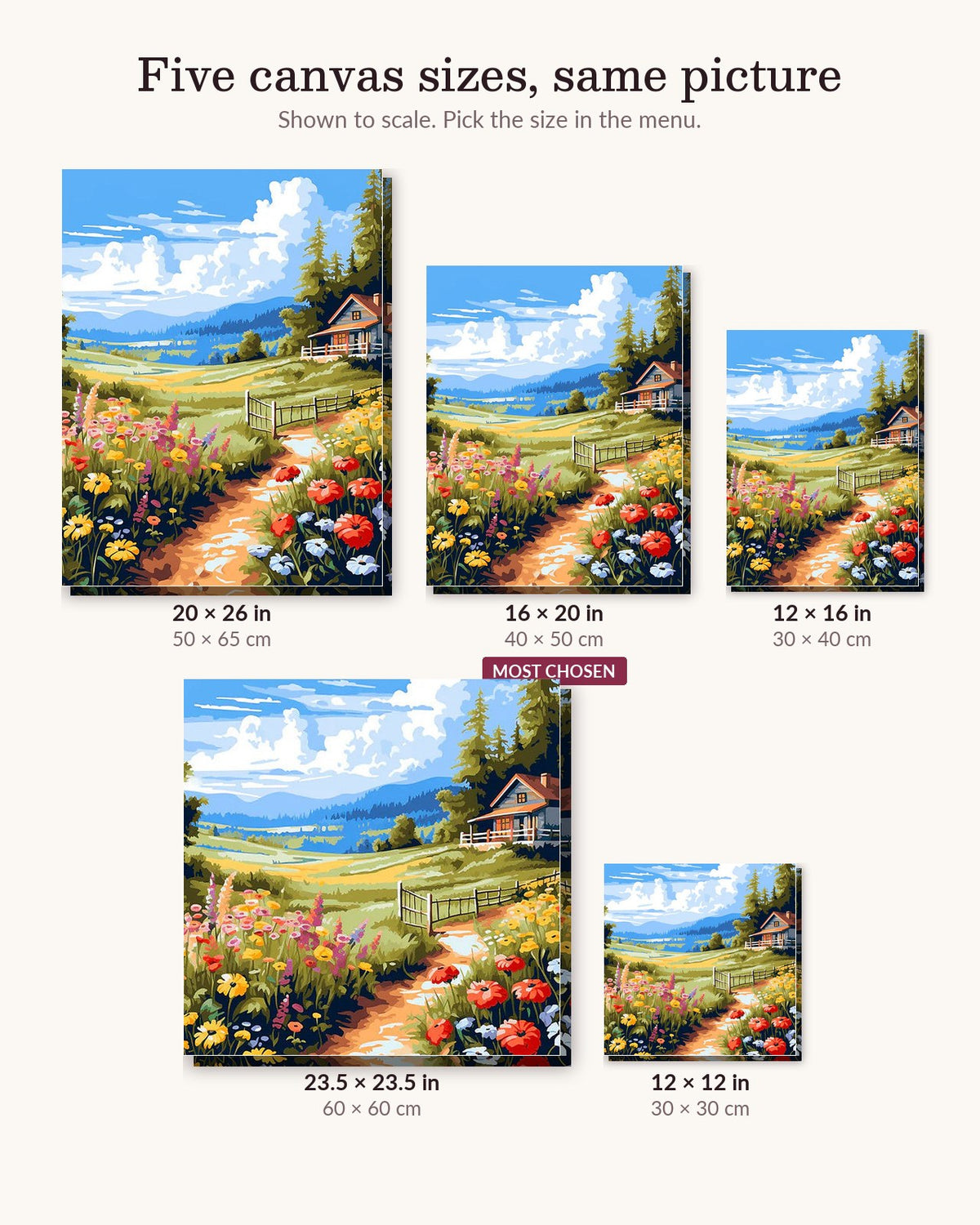 Meadow's Embrace canvas sizes from 12 x 12 to 23.5 x 23.5 inches
