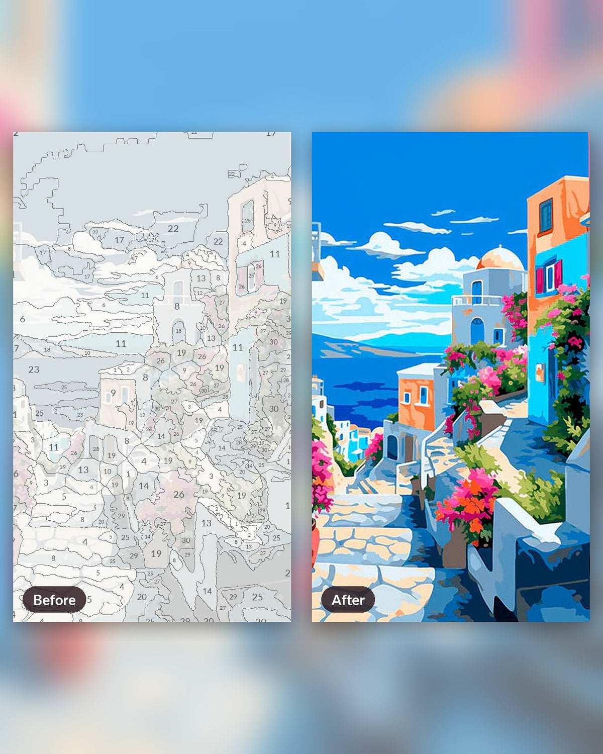 Mediterranean Paradise paint by numbers kit, before and after