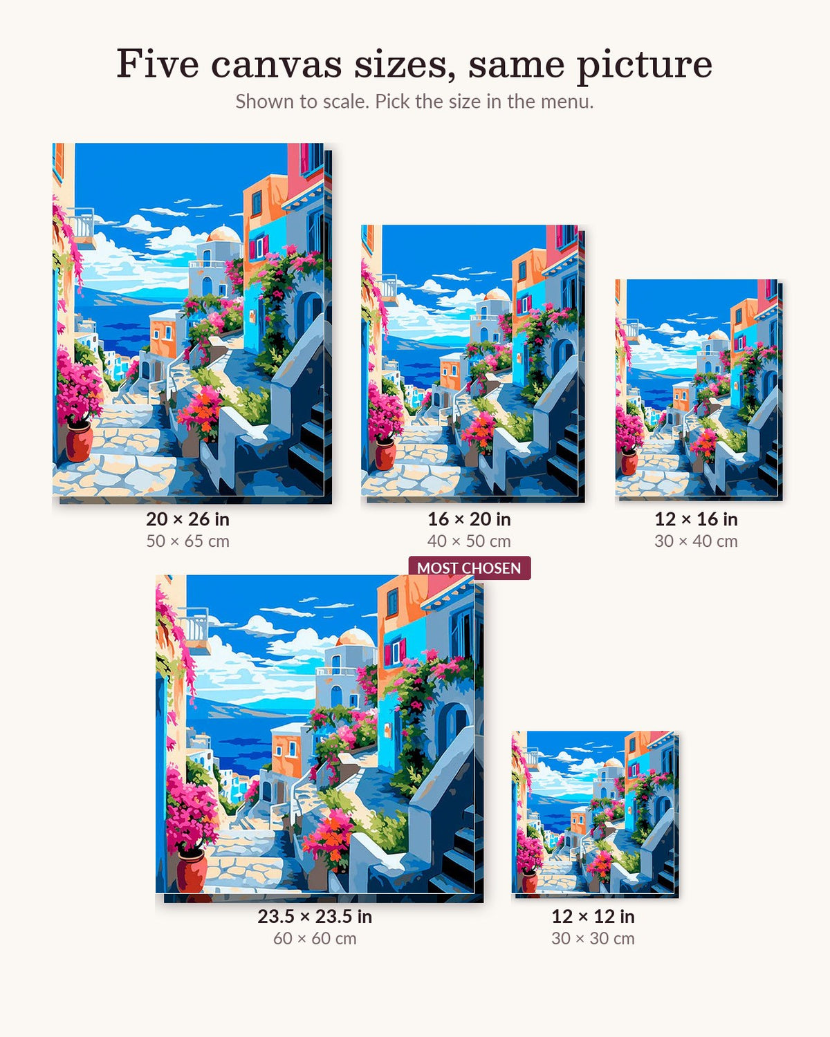 Mediterranean Paradise canvas sizes from 12 x 12 to 23.5 x 23.5 inches