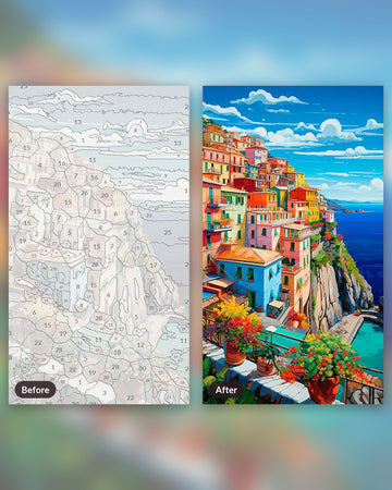 Mediterranean Cliffside paint by numbers kit, before and after