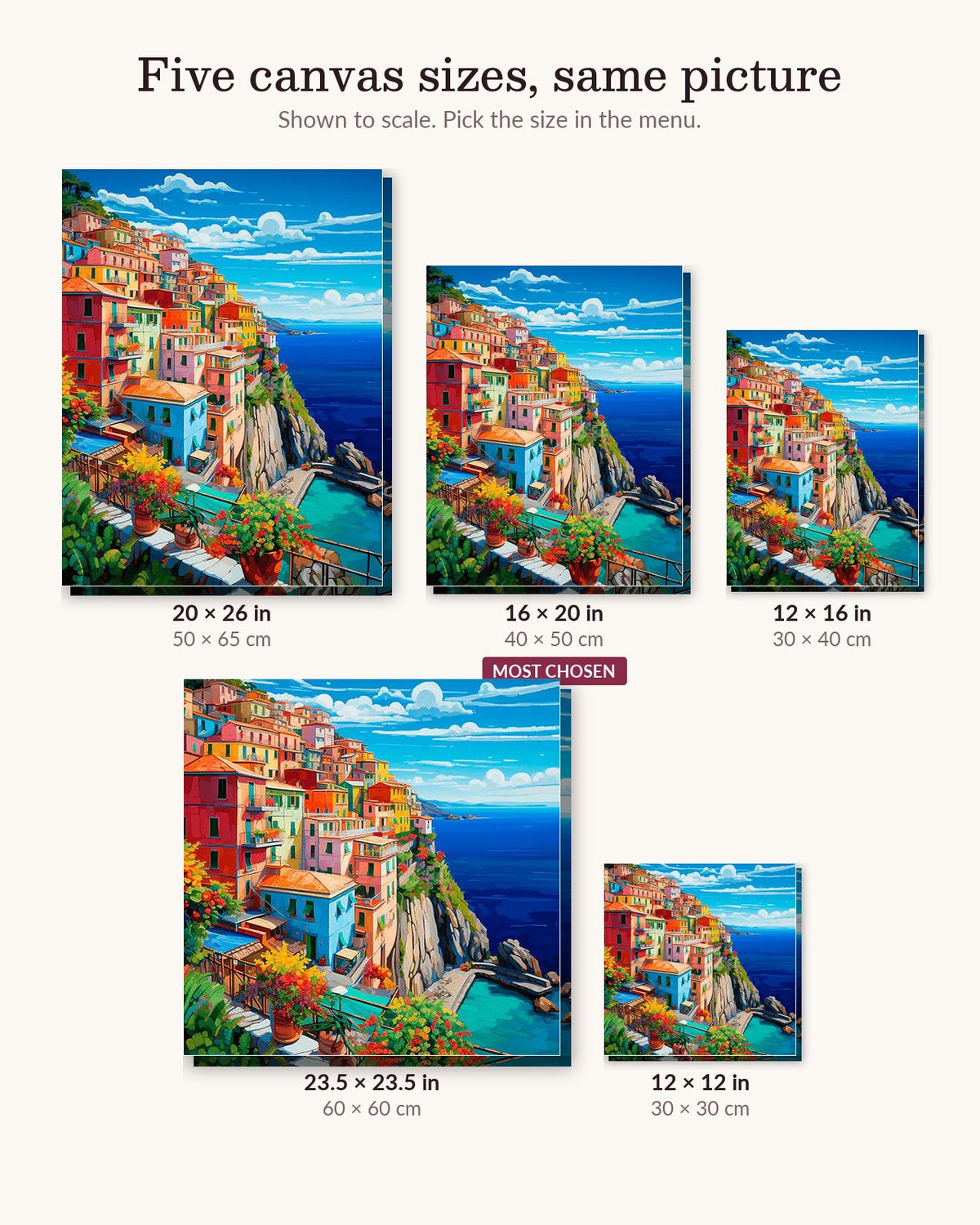 Mediterranean Cliffside canvas sizes from 12 x 12 to 23.5 x 23.5 inches