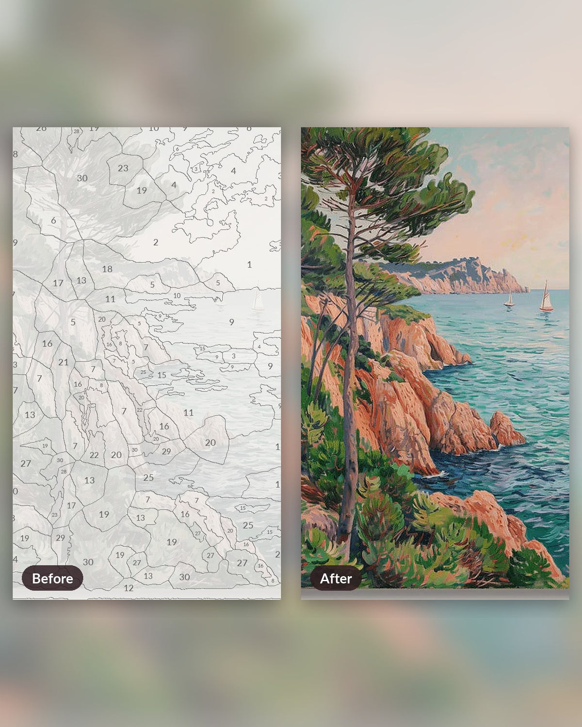 Sunlit Mediterranean Coast paint by numbers kit, before and after
