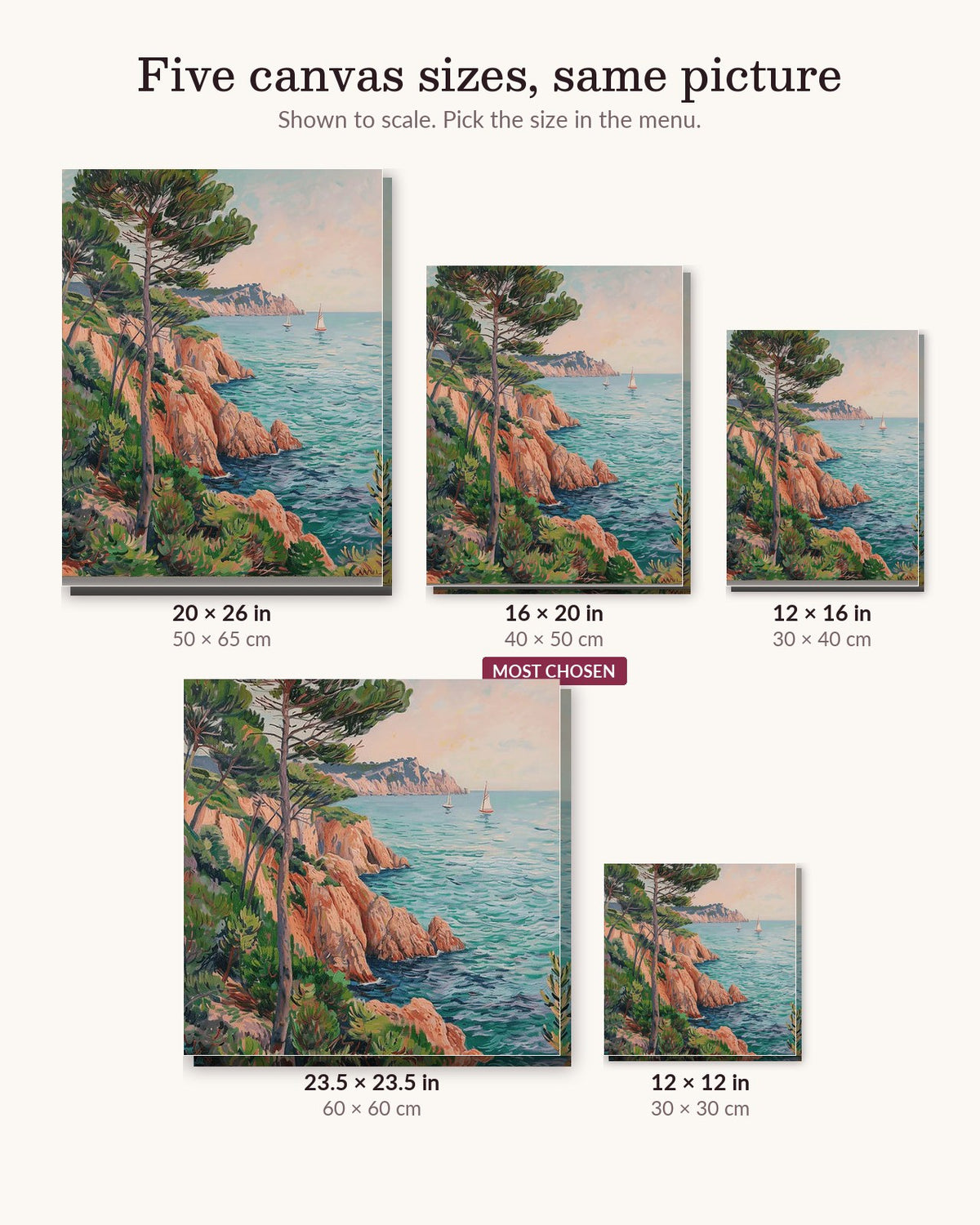 Sunlit Mediterranean Coast canvas sizes from 12 x 12 to 23.5 x 23.5 inches