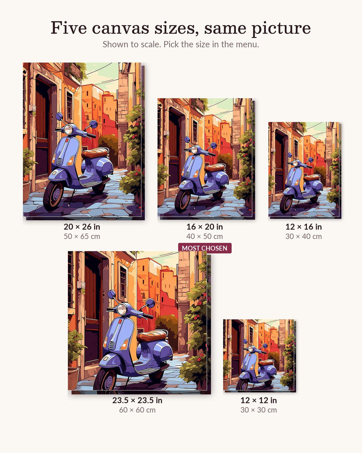 Mediterranean Bliss canvas sizes from 12 x 12 to 23.5 x 23.5 inches
