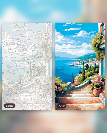 Mediterranean Vistas paint by numbers kit, before and after