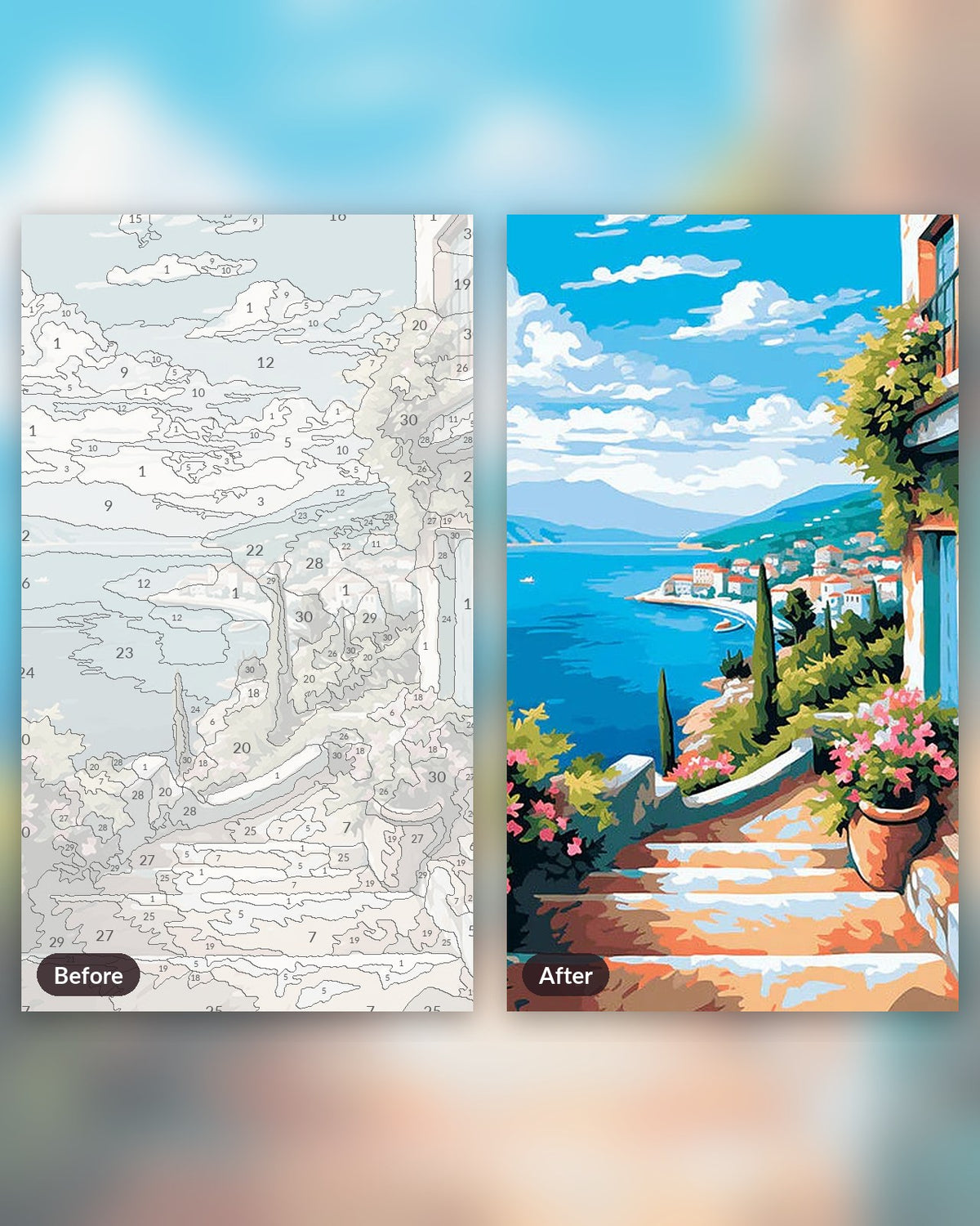 Mediterranean Vistas paint by numbers kit, before and after