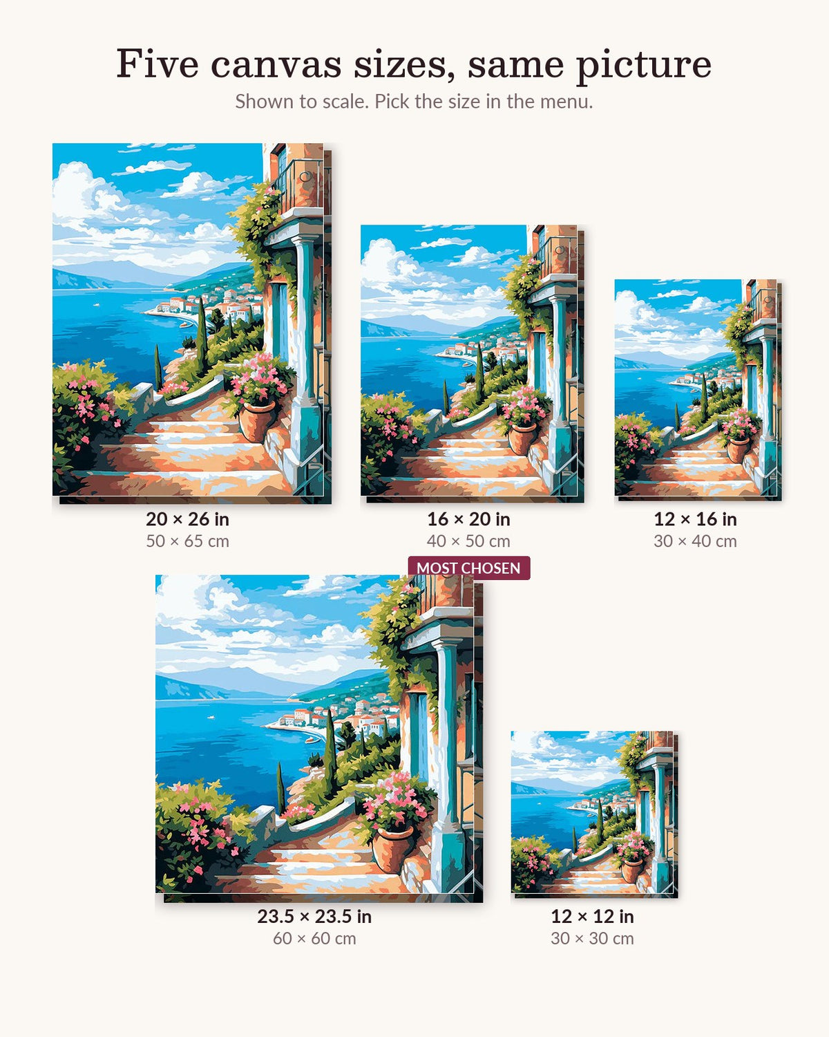 Mediterranean Vistas canvas sizes from 12 x 12 to 23.5 x 23.5 inches