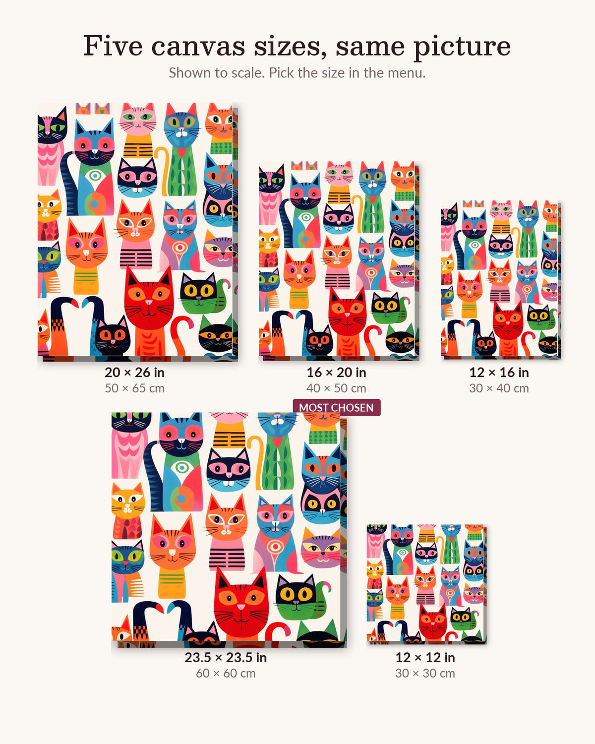 Meow Collection canvas sizes from 12 x 12 to 23.5 x 23.5 inches