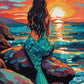 mermaid seen from behind on a rock watching a sunset over the sea, paint by numbers kit