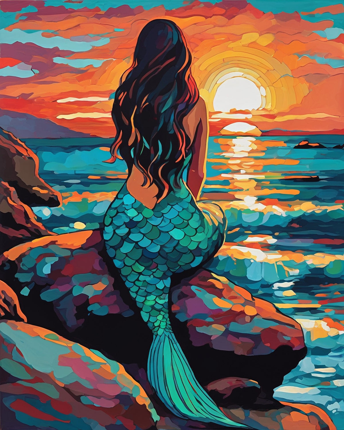 mermaid seen from behind on a rock watching a sunset over the sea, paint by numbers kit