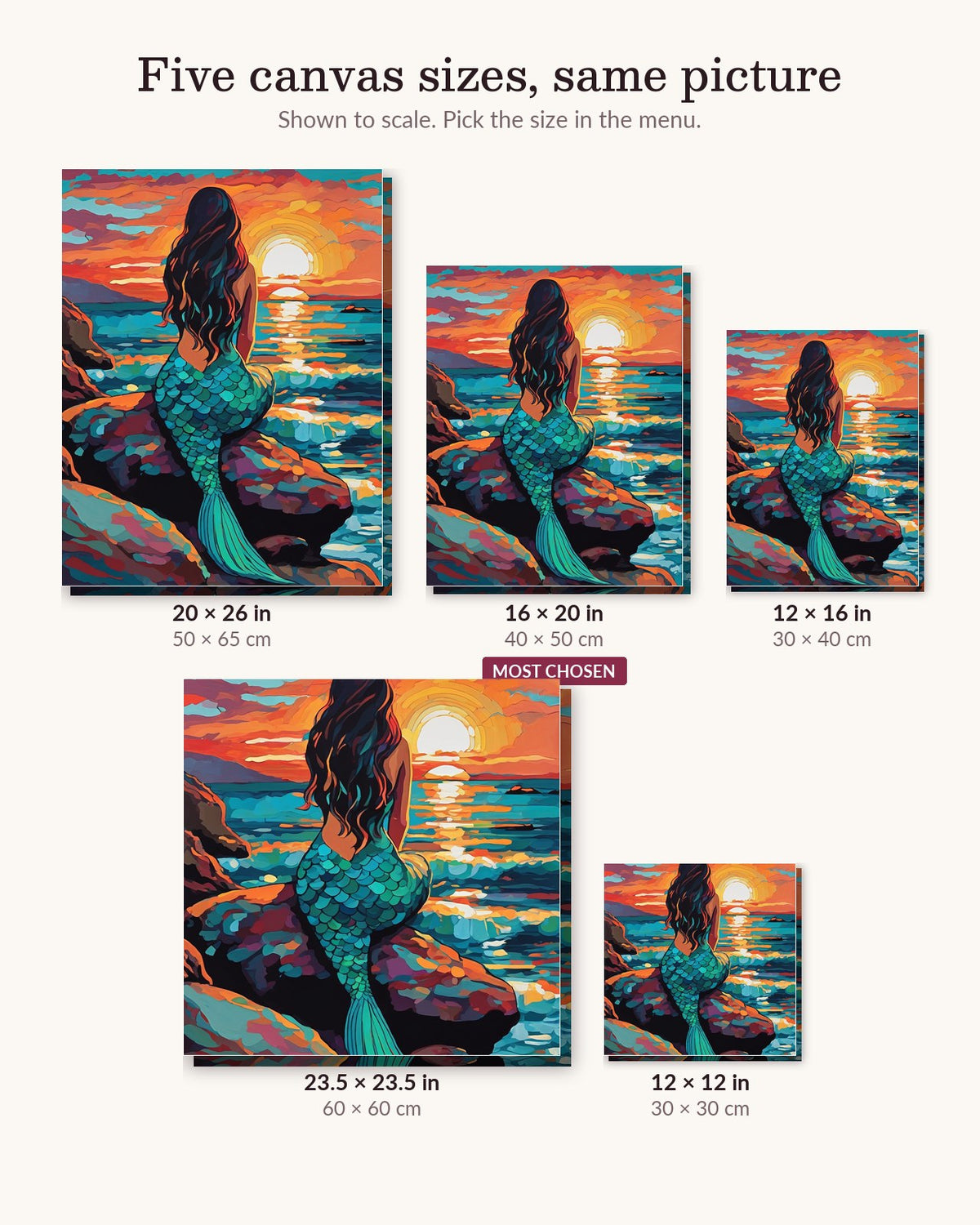 Mermaid Watching the Sunset canvas sizes from 12 x 12 to 23.5 x 23.5 inches