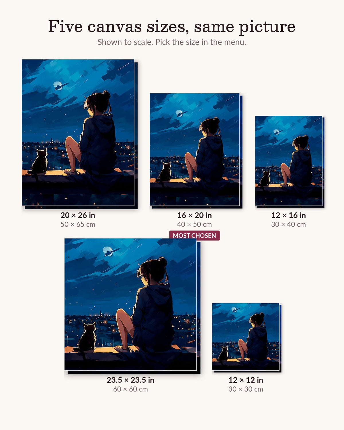 Twilight Partner canvas sizes from 12 x 12 to 23.5 x 23.5 inches