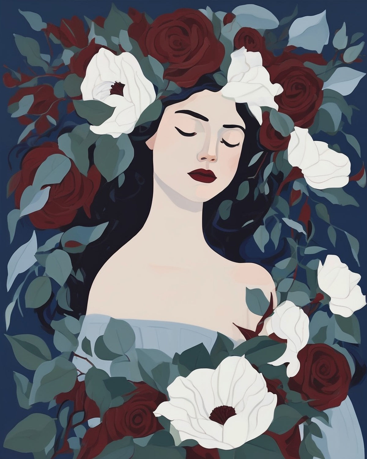 Midnight Dreamer paint by numbers kit, woman with closed eyes among white anemones and burgundy roses on navy blue