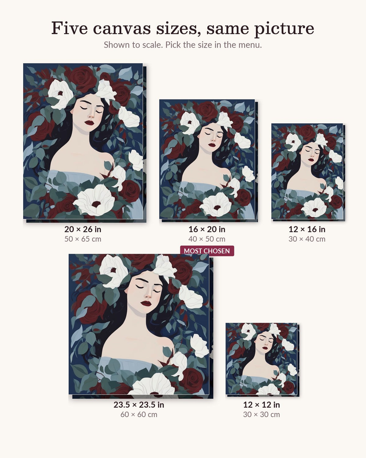 Midnight Dreamer canvas sizes from 12 x 12 to 23.5 x 23.5 inches
